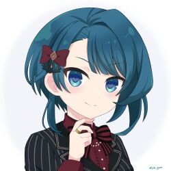 Rule 34 | 1girl, aizawa kazuha, assault lily, black jacket, blue eyes, blue hair, blunt bangs, bow, bowtie, buttons, center frills, closed mouth, collared shirt, commentary request, finger to own chin, frilled shirt, frills, gradient background, grey background, hair bow, hand up, highres, jacket, jewelry, light blush, long sleeves, looking at viewer, medium hair, necklace, official alternate costume, pearl necklace, piatin, portrait, red bow, red bowtie, red shirt, ring, shirt, smile, solo, striped bow, striped bowtie, striped clothes, striped jacket, twitter username, vertical-striped clothes, vertical-striped jacket, white background