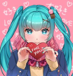 Rule 34 | 1girl, blue eyes, blue hair, blue jacket, blue nails, box, floating hair, hair between eyes, hair ornament, halha 20, hatsune miku, heart, heart-shaped box, heart-shaped pupils, highres, holding, jacket, long hair, long sleeves, looking at viewer, nail polish, open clothes, open jacket, pink scarf, plaid, plaid scarf, red ribbon, ribbon, scarf, solo, sweater, symbol-shaped pupils, upper body, valentine, very long hair, vocaloid, x hair ornament, yellow sweater