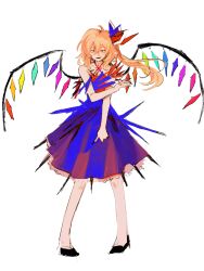 Rule 34 | 1girl, alternate costume, black footwear, blonde hair, blue dress, bow, cerevevisiae, crystal, dress, flandre scarlet, full body, hair between eyes, hair bow, highres, long hair, looking at viewer, one side up, open mouth, red bow, red eyes, shoes, simple background, sleeveless, sleeveless dress, solo, standing, touhou, white background, wings