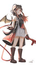 Rule 34 | 1girl, bare shoulders, black gloves, black hair, black jacket, blush, boots, brown footwear, brown hair, brown wings, chain, commentary request, dragon girl, dragon tail, dragon wings, full body, gloves, gradient hair, grin, highres, holding, holding weapon, jacket, knee boots, looking at viewer, magia record: mahou shoujo madoka magica gaiden, mahou shoujo madoka magica, multicolored hair, ooba juri, pleated skirt, red eyes, signature, simple background, skirt, sleeveless, sleeveless jacket, smile, solo, spiked wings, standing, tail, umiroku, v-shaped eyebrows, weapon, white background, white skirt, wings