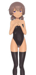 Rule 34 | 1girl, absurdres, bare shoulders, black leotard, black thighhighs, blush, brown hair, child, closed mouth, collarbone, dot nose, feet out of frame, female focus, flat chest, gluteal fold, half-closed eyes, hands up, highres, legs together, leotard, looking at viewer, low twintails, original, playboy bunny, purple eyes, sc naru, shiny clothes, shiny skin, short hair, simple background, skindentation, solo, standing, strapless, strapless leotard, tan, thighhighs, twintails, white background