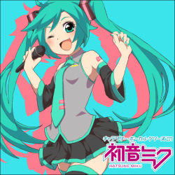 Rule 34 | 1girl, ;d, bad id, bad pixiv id, bare shoulders, character name, fang, green eyes, green hair, hatsune miku, hiyutan (hiyuka11), long hair, matching hair/eyes, microphone, nail polish, necktie, one eye closed, open mouth, skirt, smile, solo, thighhighs, twintails, very long hair, vocaloid, wink
