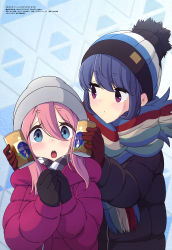 Rule 34 | 2girls, :o, absurdres, beanie, black coat, black gloves, blue eyes, blue hair, can, checkered clothes, checkered scarf, closed mouth, coat, gloves, hair between eyes, hat, highres, holding, holding can, kagamihara nadeshiko, looking at another, looking at viewer, megami magazine, multiple girls, official art, open mouth, own hands together, patterned background, pink coat, pink hair, purple eyes, red gloves, sasaki mutsumi (bee train), scan, scarf, shima rin, sidelocks, striped clothes, striped scarf, teeth, upper body, upper teeth only, winter clothes, winter coat, yurucamp