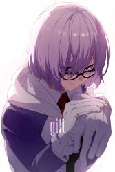 Rule 34 | 1girl, black dress, dress, echo (circa), fate/grand order, fate (series), glasses, gloves, grey jacket, hair over one eye, jacket, long sleeves, mash kyrielight, necktie, open clothes, open jacket, purple eyes, purple hair, short hair, smile, solo, white gloves