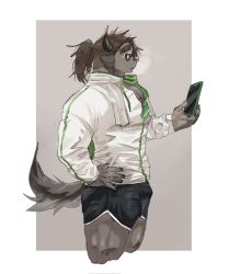 Rule 34 | 1boy, animal ears, animal nose, bara, border, brown background, brown hair, catoblepas (housamo), commentary, furry, furry male, gao (gao 53937056), hand on own hip, highres, holding, holding phone, horns, jacket, long hair, looking at object, looking at phone, male focus, muscular, muscular male, open mouth, outside border, phone, ponytail, shorts, solo, tail, thick eyebrows, thick thighs, thighs, towel, towel around neck, white border, white jacket