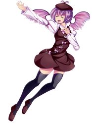 Rule 34 | 1girl, black thighhighs, closed eyes, dress, hat, loafers, maullarmaullar, mini wings, music, mystia lorelei, nail polish, outstretched arm, pink hair, shoes, short dress, short hair, singing, solo, thighhighs, touhou, transparent background, winged hat, wings, zettai ryouiki