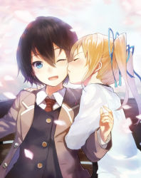 Rule 34 | 1boy, 1girl, :d, ;d, arm hug, black hair, blazer, blonde hair, blue eyes, blush, character request, kissing cheek, cherry blossoms, closed eyes, face, hand on shoulder, hetero, kiss, necktie, one eye closed, open mouth, petals, profile, shirabi, smile, twintails, wink