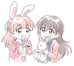 Rule 34 | 2girls, :3, :d, :o, aged down, alternate hairstyle, animal, animal ears, bang dream!, black hair, black shirt, bow, clenched hands, frilled shirt collar, frills, green eyes, half updo, hanazono tae, hands up, heart, holding, holding animal, holding rabbit, jacket, long hair, multiple girls, open mouth, pink hair, pink jacket, rabbit, rabbit ears, raglan sleeves, re ghotion, shirt, simple background, smile, uehara himari, upper body, white background, yellow bow