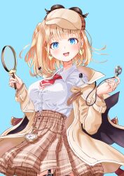 Rule 34 | 1girl, absurdres, black thighhighs, blonde hair, blue eyes, blush, breasts, brown headwear, brown skirt, coat, collared shirt, detective, earrings, heart, heart earrings, high-waist skirt, highres, holding, holding magnifying glass, hololive, hololive english, jewelry, large breasts, lingmu, looking at viewer, magnifying glass, necktie, open mouth, plaid, plaid skirt, pleated skirt, pocket watch, red necktie, shirt, short hair, short necktie, simple background, skirt, smile, thigh strap, thighhighs, virtual youtuber, watch, watson amelia, white shirt