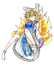 Rule 34 | 1girl, absurdres, blonde hair, breasts, dress, female focus, fox tail, goku (acoloredpencil), gokuu (acoloredpencil), hat, highres, long sleeves, looking at viewer, multiple tails, outstretched foot, short hair, simple background, sitting, smile, solo, spread legs, tabard, tabi, tail, touhou, traditional media, white background, wide sleeves, yakumo ran, yellow eyes