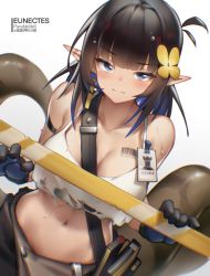 Rule 34 | 1girl, absurdres, arknights, artist name, barcode, barcode tattoo, bilibili xiaolu, black gloves, black hair, blue eyes, blue hair, blunt bangs, blush, breasts, character name, cleavage, closed mouth, collarbone, eunectes (arknights), eunectes (forgemaster) (arknights), flower, gloves, hair flower, hair ornament, highres, large breasts, looking at viewer, midriff, multicolored hair, navel, official alternate costume, pointy ears, simple background, solo, sweat, tail, tattoo, white background