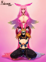 Rule 34 | + +, 10s, armor, blonde hair, blue eyes, blush stickers, braid, breasts, cleavage, dress, hairband, highres, hip focus, huge breasts, kneeling, large breasts, leggings, leina (queen&#039;s blade), mask, melona (queen&#039;s blade), mind control, modeseven, monster girl, multiple girls, navel, pink hair, prehensile hair, queen&#039;s blade, queen&#039;s blade rebellion, revealing clothes, slime (substance), slime girl, smile, thick lips, thick thighs, thighs, transformation, wide hips