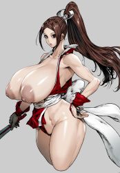 Rule 34 | 1girl, absurdres, bare shoulders, bonten, breasts, breasts out, brown eyes, brown hair, curvy, fatal fury, folded fan, folding fan, grey background, hand fan, hand on own hip, high ponytail, highres, hip bones, holding, holding fan, huge breasts, large areolae, large nipples, long hair, looking at viewer, ninja, nipples, parted bangs, parted lips, pelvic curtain, ponytail, puffy nipples, revealing clothes, shiny skin, shiranui mai, simple background, solo, standing, the king of fighters, thick thighs, thighs, thong, toned, wide hips