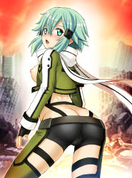 Rule 34 | 10s, 1girl, ass, blue eyes, blue hair, blush, breasts, butt crack, crotch seam, fingerless gloves, gloves, harukigenia, looking at viewer, looking back, matching hair/eyes, nipples, open mouth, scarf, short hair, short shorts, shorts, sinon, solo, sword art online