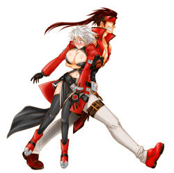 Rule 34 | arc system works, belt, blazblue, blush, breasts, brown hair, carrying, cleavage, coat, gender request, genderswap, gloves, green eyes, grin, guilty gear, headband, heterochromia, large breasts, loincloth, long hair, pants, ragna the bloodedge, red eyes, seafood (pixiv675672), short hair, silver hair, smile, sol badguy, thighhighs, trench coat