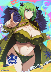 Rule 34 | 1girl, abstract background, artist name, bikini, blunt bangs, brandish mew, breasts, cleavage, curvy, fairy tail, fur trim, giant, giantess, green eyes, green hair, huge breasts, leg tattoo, looking at viewer, navel, orphen (pink seito), pointing, pointing at viewer, short hair, solo, stomach, swimsuit, tattoo, thick thighs, thighs, wide hips