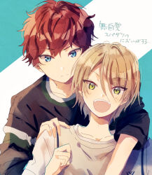 Rule 34 | 2boys, amagi hiiro, blonde hair, blue eyes, blush, closed mouth, commentary request, ensemble stars!, green eyes, hand on another&#039;s shoulder, hand up, highres, long sleeves, looking at viewer, male focus, mma runn, multiple boys, open mouth, partial commentary, red hair, shiratori aira (ensemble stars!), short hair, split mouth, teeth, translation request, two-tone background, upper body, upper teeth only