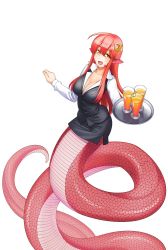 Rule 34 | 1girl, :d, alternate costume, black skirt, breasts, collarbone, cup, drink, fang, hair between eyes, hair ornament, hairclip, holding, holding tray, lamia, large breasts, long hair, long sleeves, miia (monster musume), miniskirt, monster girl, monster musume no iru nichijou, official art, okayado, open mouth, pointy ears, scales, sidelocks, simple background, skirt, smile, tray, waitress, white background