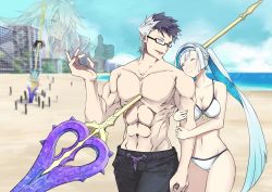 Rule 34 | 1girl, 2boys, beach, bikini, black male swimwear, black swim trunks, blue eyes, blue hair, blue sky, brynhildr (fate), day, drawstring, fate/apocrypha, fate/grand order, fate/prototype, fate/prototype: fragments of blue and silver, fate (series), glasses, impaled, looking at another, male swimwear, multicolored hair, multiple boys, no nipples, polearm, projected inset, siegfried (fate), sigurd (fate), sky, spear, swim trunks, swimsuit, thumbs up, two-tone hair, walking, water, weapon, yuzuruka (bougainvillea)