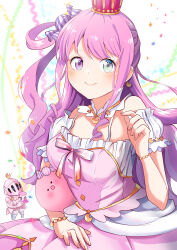 Rule 34 | 1girl, absurdres, candy hair ornament, collar, crescent, crescent earrings, crown, detached collar, dress, earrings, food-themed hair ornament, green eyes, hair ornament, heterochromia, highres, himemori luna, himemori luna (1st costume), hololive, jewelry, long hair, looking at viewer, luknight (himemori luna), mini crown, pink dress, pink hair, purple eyes, rabusenn, single earring, sleeveless, sleeveless dress, smile, solo, virtual youtuber, white collar