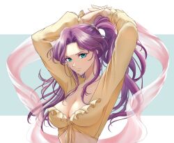 Rule 34 | 1girl, bagel dffoo, blue eyes, breasts, casual, cleavage, dancer, faris scherwiz, final fantasy, final fantasy v, hands in hair, highres, large breasts, ponytail, purple hair, sarisa highwind tycoon, shirt, solo, tied shirt, upper body