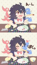 Rule 34 | 1girl, 2koma, asymmetrical wings, bib, black hair, bow, chibi, comic, dress, eating, food, food in mouth, food on face, fork, heart, highres, houjuu nue, igayan, open mouth, red eyes, short hair, silent comic, solo, spill, spoon, tempura, touhou, ufo, vegetable, wings, aged down