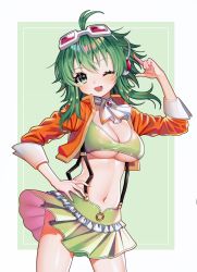 Rule 34 | 1girl, ;d, antenna hair, ascot, blush, breasts, cleavage, contrapposto, cowboy shot, cropped jacket, eyewear on head, fang, frilled skirt, frills, green eyes, green hair, green skirt, gumi, headphones, highres, index finger raised, jacket, large breasts, layered skirt, long sleeves, looking at viewer, navel, one eye closed, open clothes, open jacket, open mouth, orange jacket, pleated skirt, red-tinted eyewear, seoki (hi3031), short hair with long locks, sidelocks, skirt, smile, solo, sportswear, stomach, suspender skirt, suspenders, tinted eyewear, two-tone background, underboob, vocaloid, white-framed eyewear, white ascot