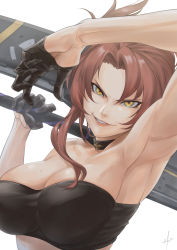 Rule 34 | 1girl, :d, armpits, black gloves, breasts, cleavage, forehead, gloves, grin, high lan, highres, holding, holding sword, holding weapon, honkai (series), honkai impact 3rd, lipstick, looking at viewer, makeup, mole, mole on breast, murata himeko, open mouth, red hair, simple background, smile, solo, strapless, sword, teeth, tube top, v-shaped eyebrows, weapon, white background, yellow eyes