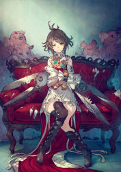 Rule 34 | 1girl, bare shoulders, bow, brown footwear, brown hair, brown legwear, button eyes, buttons, chair, closed mouth, damaged, dress, highres, holding, holding stuffed toy, kusano shinta, medium hair, original, red bow, red neckwear, scissors, sitting, solo, stuffed animal, stuffed toy, teddy bear, yellow eyes