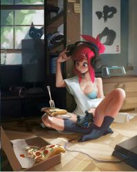 Rule 34 | 1girl, artist name, black cat, black socks, blue bra, blue eyes, bo xun lin, bra, breasts, cat, cleavage, clock, controller, cropped, drawer, flower, food, fork, game console, game controller, hair bun, hair ornament, hairclip, headphones, highres, large breasts, long hair, non-web source, off-shoulder shirt, off shoulder, open mouth, original, paper towel, partially immersed, pepperoni, pink hair, pizza, playstation 4, shelf, shirt, single hair bun, sitting, socks, solo, underwear, white flower, white shirt, window
