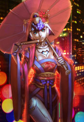 Rule 34 | 1girl, android, aqua eyes, breasts, building, city, cleavage, cowboy shot, flower, folding fan, glowing, hair flower, hair ornament, hair stick, hand fan, highres, japanese clothes, kalata, kimono, light smile, looking at viewer, oil-paper umbrella, original, science fiction, skyscraper, solo, umbrella