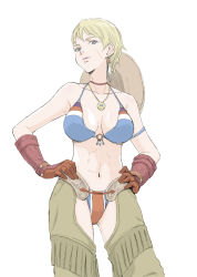 Rule 34 | 1girl, alternate costume, bikini, blonde hair, blue bikini, blue eyes, blush, breasts, cammy white, capcom, chaps, cleavage, coelacanth (gyotaku), collarbone, company connection, cosplay, cowboy hat, crossover, demento, earrings, fiona belli, fiona belli (cosplay), gloves, hands on own hips, hat, highres, jewelry, medium breasts, necklace, pendant, red gloves, scar, scar on face, short hair, solo, spaghetti strap, strap gap, street fighter, street fighter v, swimsuit
