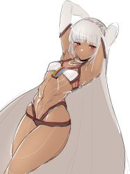 Rule 34 | 10s, 1girl, altera (fate), armpits, arms behind back, bad id, bad tumblr id, belt bra, blush, bra, breasts, closed mouth, cowboy shot, dark-skinned female, dark skin, dutch angle, fate/extella, fate/extra, fate (series), hands up, highres, hometa, jewelry, linea alba, looking at viewer, multi-strapped panties, navel, necklace, red eyes, revealing clothes, simple background, sketch, small breasts, solo, standing, stomach, underwear, veil, white background, white bra, white hair