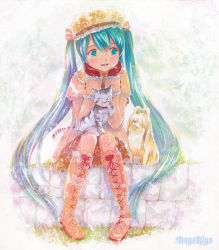 Rule 34 | 1girl, artist name, boots, cat, cross-laced footwear, dog, gloves, green eyes, green hair, hat, hatsune miku, knee boots, lace-up boots, long hair, marker (medium), matching hair/eyes, mayo riyo, pigeon-toed, sitting, solo, traditional media, twintails, very long hair, vocaloid