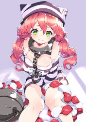 Rule 34 | 1girl, animal ears, animal hat, bare shoulders, bell, breasts, cat ears, chain, collar, commentary request, fake animal ears, feet out of frame, fujishima-sei ichi-gou, hair between eyes, hair ornament, hat, highres, hololive, jingle bell, kouhaku nawa, long hair, long sleeves, looking at viewer, metal collar, off shoulder, prison clothes, red hair, rope, sakura miko, shimenawa, shirt, sitting, solo, virtual youtuber, x hair ornament