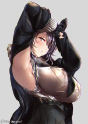 Rule 34 | 1girl, armpits, black gloves, blush, breasts, checkered clothes, checkered necktie, checkered neckwear, closed mouth, coat, fingerless gloves, gloves, grey background, grin, hair over one eye, headgear, juurouta, kantai collection, large breasts, long sleeves, looking at viewer, necktie, purple eyes, purple hair, simple background, smile, solo, tenryuu (kancolle), tenryuu kai ni (kancolle), twitter username, upper body, winter clothes, winter coat