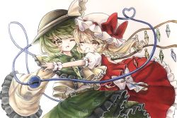 Rule 34 | 2girls, black headwear, blonde hair, bow, commentary request, cowboy shot, crystal, flandre scarlet, frilled skirt, frills, green eyes, green hair, green skirt, hat, hat bow, heart, heart of string, highres, hisako (6anmbblfnjueeff), komeiji koishi, long hair, long sleeves, mob cap, multiple girls, one eye closed, open mouth, outstretched arm, puffy short sleeves, puffy sleeves, red bow, red eyes, red skirt, red vest, shirt, short hair, short sleeves, side ponytail, skirt, smile, third eye, touhou, traditional media, vest, white background, white headwear, white shirt, wide sleeves, wings, wrist cuffs, yellow shirt