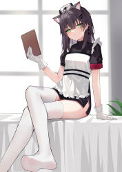 Rule 34 | 1girl, absurdres, animal ears, bad id, bad pixiv id, black dress, black hair, crossed legs, dress, expressionless, extra ears, frilled dress, frills, gloves, green eyes, hair ornament, hairclip, hat, highres, long hair, looking at viewer, no shoes, nurse cap, original, short dress, short sleeves, side slit, sitting, solo, thighhighs, thighs, white gloves, white thighhighs, xiao lin jiu, zettai ryouiki