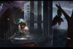 Rule 34 | 1girl, barefoot, bouquet, bow, broken glass, brown hair, cape, column, female focus, flower, glass, hair bow, highres, kneeling, letterboxed, long hair, origami, paper crane, pillar, reiuji utsuho, s.advent, seiza, sitting, solo, tears, touhou, wings