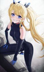 Rule 34 | 1girl, bandaid, bandaid on cheek, bandaid on face, bare shoulders, black bodysuit, blonde hair, blue eyes, bodysuit, breasts, fang, goddess of victory: nikke, grin, headgear, highres, laplace (nikke), leg up, light blush, long hair, looking at viewer, revenantart, sidelocks, skin tight, small breasts, smile, solo, twintails, two-tone gloves