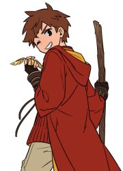 Rule 34 | 1boy, black eyes, broom, brown hair, cloak, clyde donovan, fingerless gloves, from behind, gloves, golden snitch, grin, harry potter (series), holding, holding broom, hood, hood down, hooded cloak, long sleeves, looking back, male focus, one eye closed, quidditch, short hair, smile, solo, south park, ten (lu2948d), v-shaped eyebrows, wizarding world