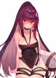 Rule 34 | 1girl, black one-piece swimsuit, blush, breasts, cleavage, girls&#039; frontline, highres, large breasts, long hair, looking at viewer, official alternate costume, one-piece swimsuit, open mouth, ponytail, purple hair, red eyes, simple background, sitting, solo, soukou makura, swimsuit, wa2000 (girls&#039; frontline), wa2000 (op. manta ray) (girls&#039; frontline)