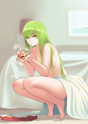 Rule 34 | 1girl, absurdres, barefoot, bed, blanket, blurry, blurry background, c.c., cheese trail, code geass, commentary request, depth of field, eating, expressionless, food, full body, green hair, highres, holding, holding food, indoors, long hair, looking at viewer, nude, pizza, pizza box, pizza slice, sawasa, signature, solo, squatting, straight hair, translated, very long hair, yellow eyes