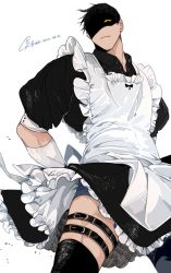 Rule 34 | 1boy, 2022, apron, back bow, black dress, black hair, black legwear, bow, collared dress, cowboy shot, crossdressing, dated, dress, earrings, eyes in shadow, frilled apron, frilled dress, frills, gloves, highres, jewelry, k-bone, looking down, maid, maid apron, male focus, original, puffy short sleeves, puffy sleeves, short hair, short sleeves, signature, sleeve cuffs, solo, thigh strap, very short hair, white apron, white background, white gloves, yellow eyes