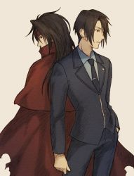 Rule 34 | 2boys, asutero92, back-to-back, black hair, cloak, covered mouth, dirge of cerberus final fantasy vii, final fantasy, final fantasy vii, formal, headband, highres, long hair, looking down, messy hair, multiple boys, necktie, red eyes, short hair, square enix, suit, turks (ff7), vincent valentine