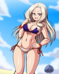 Rule 34 | 10s, 1girl, :d, beach, bikini, blonde hair, blue sky, boku no hero academia, breasts, cleavage, cloud, collarbone, day, drill hair, drill sidelocks, facing viewer, gluteal fold, groin, hand on own hip, hand up, happy, highres, large breasts, lewdamone, long hair, looking at viewer, midriff, mount lady, navel, open mouth, outdoors, panties, purple eyes, shiny skin, side-tie bikini bottom, sidelocks, sky, smile, standing, strap pull, sunlight, swimsuit, teeth, tongue, umbrella, underwear, upper teeth only