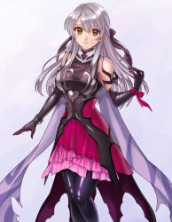 Rule 34 | 1girl, bare shoulders, bird, black gloves, black thighhighs, bow, bracelet, breasts, cape, closed mouth, dress, elbow gloves, fire emblem, fire emblem: radiant dawn, gloves, gradient clothes, hair bow, half updo, hazuki (nyorosuke), highres, jewelry, lips, long hair, medium breasts, micaiah (fire emblem), nintendo, official alternate costume, shiny clothes, short dress, silver background, silver hair, simple background, sleeveless, sleeveless dress, solo, standing, thighhighs, torn cape, torn clothes, turtleneck, yellow eyes
