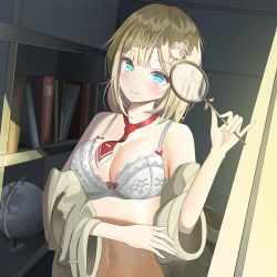 Rule 34 | 1girl, absurdres, blonde hair, blue eyes, blush, bra, detective, hair ornament, highres, holding, holding magnifying glass, hololive, hololive english, kyappu kami, long sleeves, looking at viewer, magnifying glass, necktie, red necktie, shirt, smile, solo, underwear, undressing, virtual youtuber, watson amelia