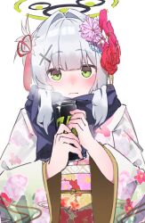 Rule 34 | 1girl, absurdres, blue archive, blush, can, closed mouth, flower, green eyes, grey hair, hair flower, hair ornament, halo, hare (blue archive), heimu (heim kstr), highres, japanese clothes, kimono, long hair, long sleeves, looking at viewer, obi, purple flower, sash, sidelocks, simple background, solo, upper body, wavy mouth, white background, white hair, white kimono, wide sleeves