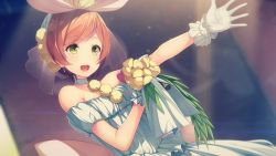 Rule 34 | 10s, 1girl, :d, bad id, bad twitter id, bouquet, choker, dress, earrings, flower, green eyes, hoshizora rin, jewelry, love live!, love live! school idol festival, love live! school idol project, love wing bell, microphone, off-shoulder dress, off shoulder, open mouth, orange hair, outstretched arm, pom pom (clothes), short hair, siva (executor), smile, solo, veil, wedding dress, white dress